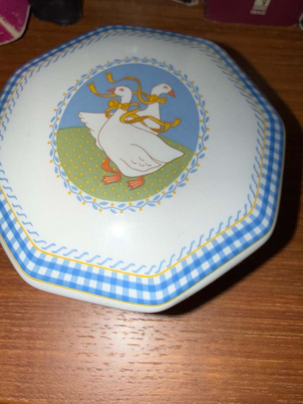 Otagiri Ceramic Trinket Box Geese Ribbons Blue Gingham